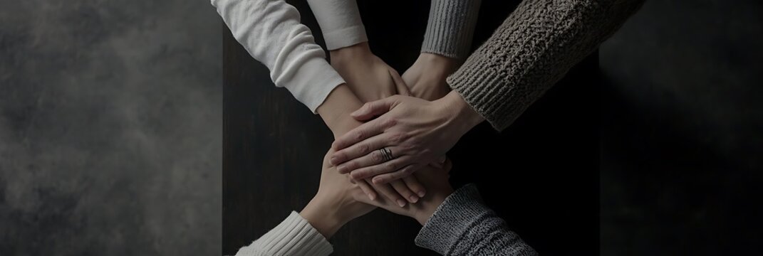 Four hands stacked on of each other in a gesture of teamwork unity cooperation