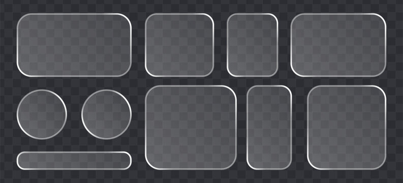 Set of glassmorphism style ui elements, frosted glass buttons and frames for web design