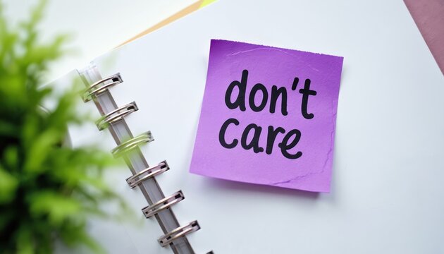 Purple sticky note with do not care text placed on white planner page. Green plant is near notebook on bright desk. Simple workspace concept.