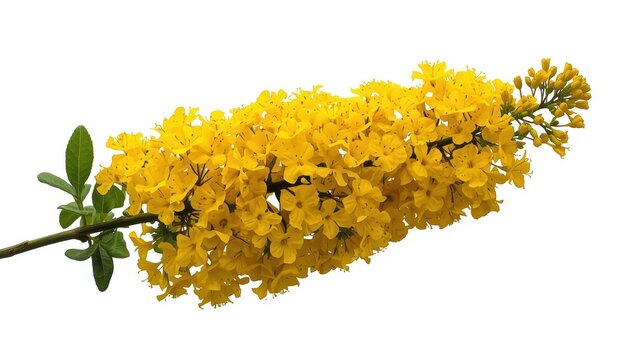 A vibrant branch of yellow lysimachia flowers in full bloom isolated on a plain white background