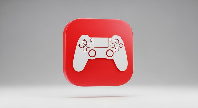 A gaming controller icon with a red button and white design on a gray background