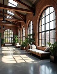 Fototapeta premium Industrial loft interior with brick walls tall arched windows and exposed wooden beams. Sunlight streams onto polished concrete floor illuminating comfy seating areas with potted plants.