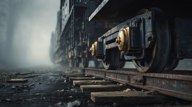 Historic locomotive resting on wooden sleepers in atmospheric foggy landscape, vintage mood