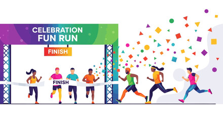 Fototapeta premium Diverse Runners Cross Finish Line In Celebration Fun Run With Confetti
