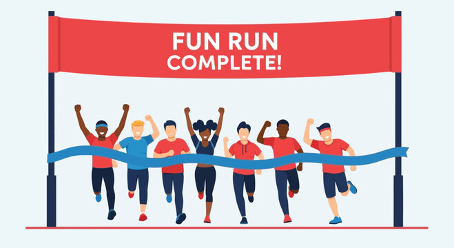 Diverse Runners Celebrate Crossing the Finish Line at Fun Run Event