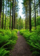 Fototapeta premium Forest path leading into sunlight between vibrant green ferns and towering pine and spruce trees creating a peaceful woodland scene
