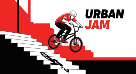 Naklejka premium Dynamic BMX Rider Performing Extreme Stunts Down Urban Stairs