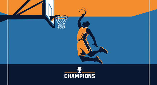 Dynamic Basketball Player Dunking On Court Champions Trophy Graphic