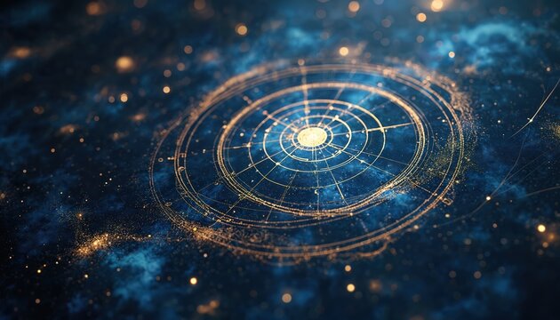 Golden celestial chart on dark blue cosmic background with stars and bokeh. Intricate lines form a circular astronomical map. Abstract space design.