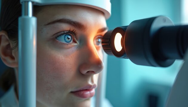 Young woman eyes checked by slit lamp. Doctor uses optometry equipment for eye exam. Patient on vision test. Closeup face, blue eye inspection.