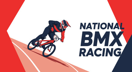 Naklejka premium Dynamic BMX Racer Accelerates Down Track In National Competition