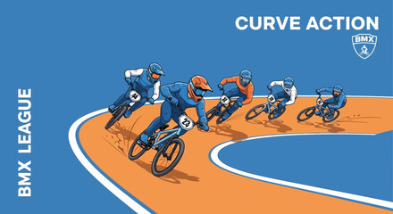 Naklejka premium Dynamic Bmx Racers Competing In A Thrilling Curve Race Action