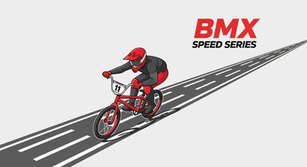 Naklejka premium Dynamic Bmx Rider Accelerating Down A Speeding Track Towards Victory