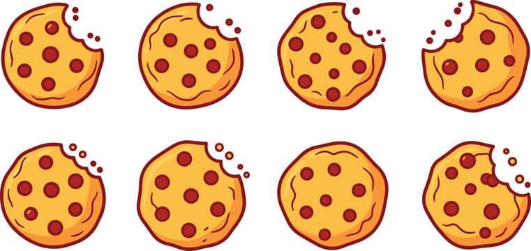 Cartoon Chocolate Chip Cookies with Bites Vector Set Featuring Sweet Dessert Snacks, Bakery Treat Illustrations, and Cute Food Design Elements