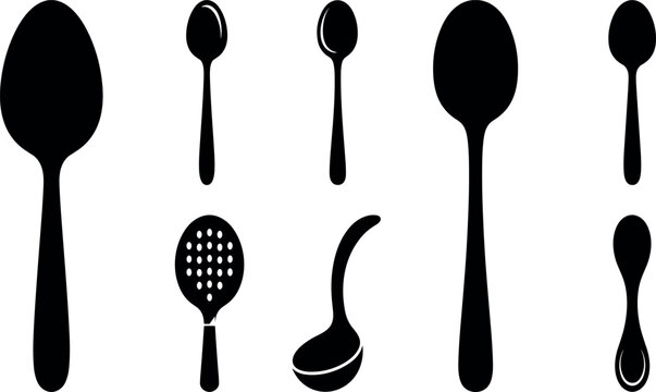 Spoon silhouette set with different styles including ladle and slotted spoon in minimalist black vector illustration