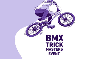 Naklejka premium Dynamic BMX Rider Performing a Stunt at the Masters Event, Purple Vector Illustration