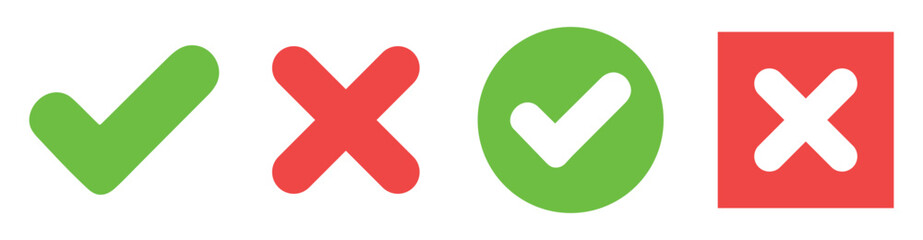 Fototapeta premium Green check mark and red cross icon set for correct and wrong approval or rejection vector illustration bundle