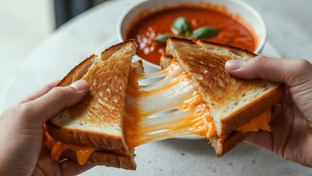 grilled cheese sandwich with tomato soup, melted cheese strings