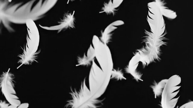 Soft white feathers gently floating against a dark background