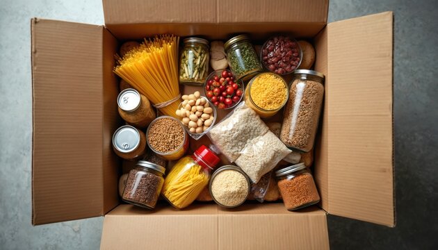 Cardboard box filled with non-perishable food items. Includes pasta, grains, beans, canned goods and dried foods. Great for concept of donation, pantry stocking, or emergency supplies.