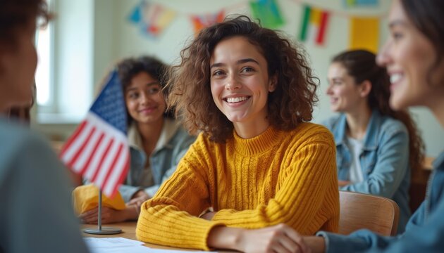 Young students talk happily in class. Diverse people share ideas and practice language skills around table. American and French flags show international exchange and study.