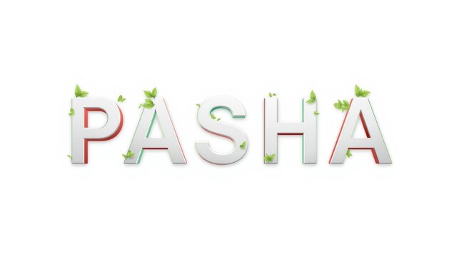 Three dimensional pasha text logo design with decorative green leaves on a plain white background