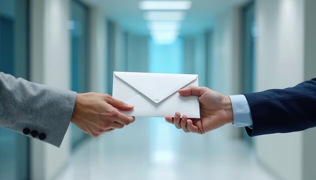 Two business hands exchange white envelope. One person passes mail to another in modern office hallway. Formal partners share document in blurred pro background, conveying communication.