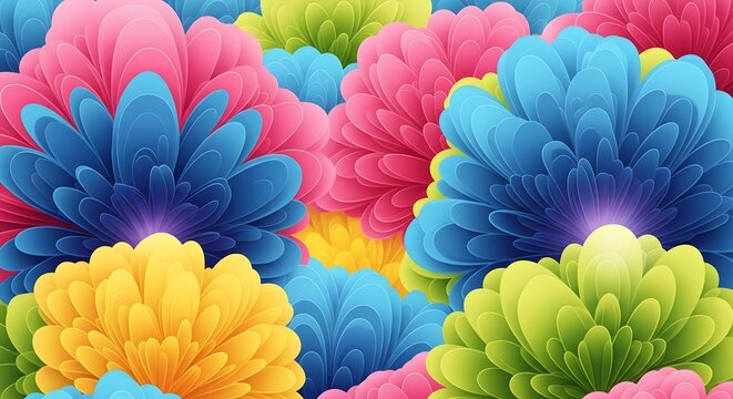 The flowers display vivid shades of hot pink, electric blue, sunny yellow, lime green, and turquoise with glowing centers and layered, feathery petals.