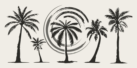 Stylized illustration of tropical palm trees with abstract circular elements © Subarna