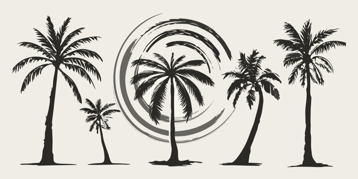 Stylized illustration of tropical palm trees with abstract circular elements