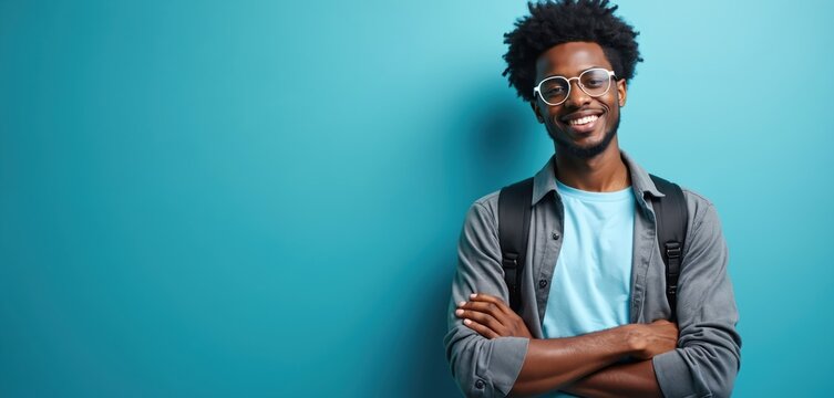 Young Black man with afro hair and glasses smiles confidently. He wears a blue t-shirt and grey shirt with a backpack. Stands arms crossed against blue background.