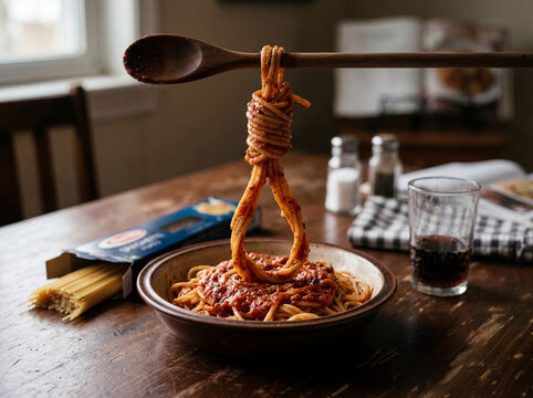 A deadly noose made from spaghetti with tomato sauce. Concept of carb addiction and health danger.