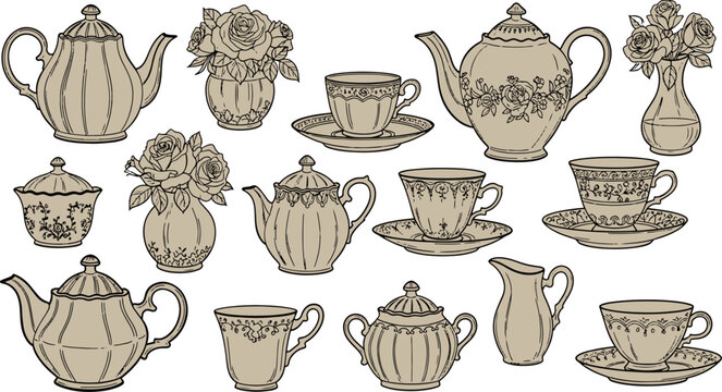 Vintage tea set with elegant teapots floral vases and classic ceramic cups for high tea parties hand drawn vector illustration
