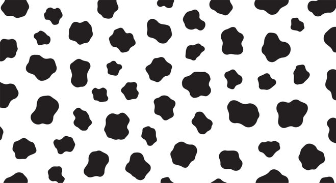 Cow print seamless pattern vector, black and white dalmatian animal spots background, organic hand drawn cattle skin texture for textile design
