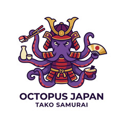 Fototapeta premium This logo features a samurai octopus holding chopsticks and a fan, blending traditional Japanese culture with a playful twist in vibrant colors, representing culinary arts.