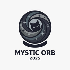 Obraz premium A mystical logo design featuring a cat peering from within a swirling orb, surrounded by stars and astrological symbols, representing mystery and intuition for 2025.