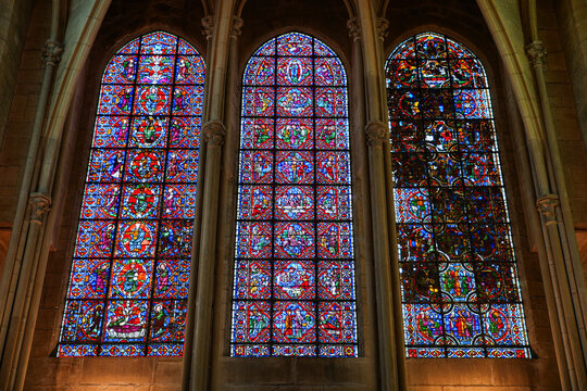 Three 13th-century Gothic stained glass lancet windows in the Saint-Etienne Cathedral of Auxerre in Burgundy, France