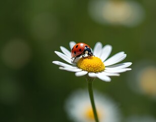 Fototapeta premium Red ladybug sits on white chamomile flower petals. Insect with black spots rests on yellow center. Green blurred background. Macro view shows tiny details.