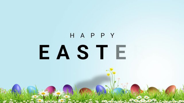 Loopable Happy Easter animation featuring colorful eggs arranged on fresh green grass with blooming flowers. Clean pastel background and modern typography create a cheerful spring holiday visual.