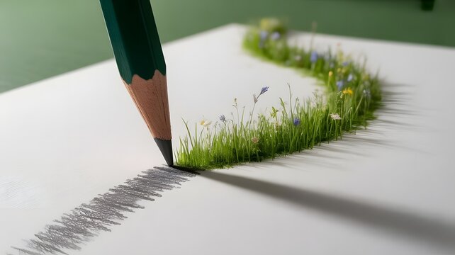 Surreal conceptual art of a green pencil drawing a path of living grass and wildflowers, creative environmental growth metaphor, artistic transformation of graphite into nature