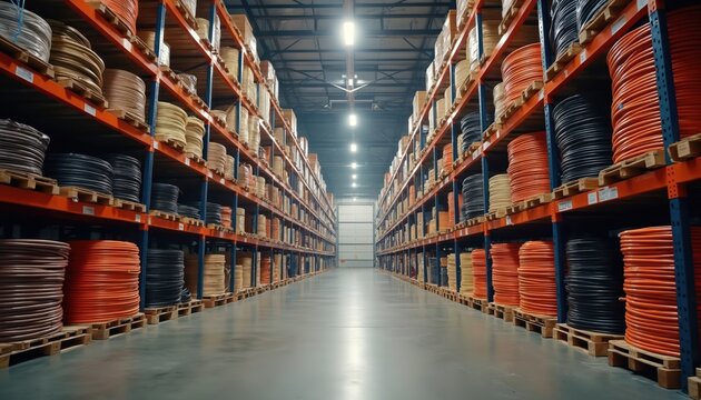 Large warehouse stores many coils of electrical cable on high shelves. Rolls of wire in various colors including orange, black stacked neatly. Industrial storage facility for power, construction