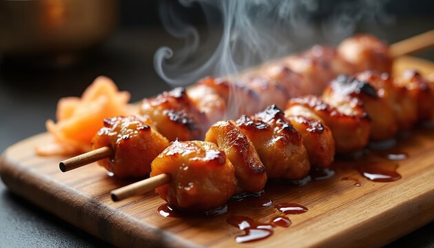 Hot glazed chicken skewers on wood board. Steam rises from juicy yakitori pieces. Served with pickled ginger. Delicious asian street food dish.