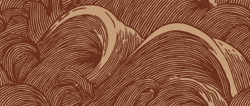 Seamless hand drawn pattern of Japanese inspired waves. Features an earthy brown and tan color palette with textured brush lines in a traditional woodcut and artisanal ukiyo-e style.
