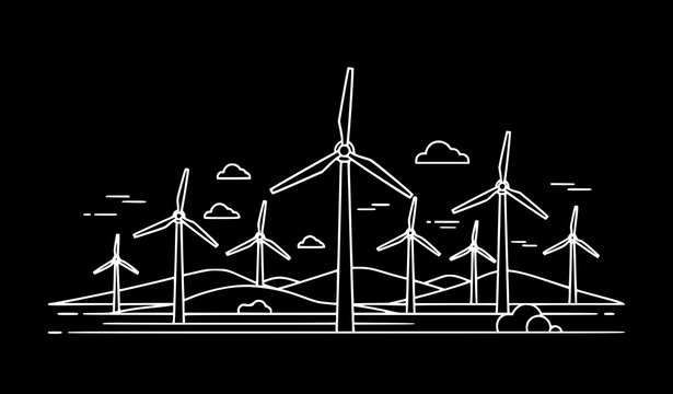 A minimalist white line art illustration of wind turbines on rolling hills with clouds on a black background representing renewable energy and sustainability