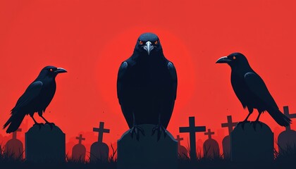 Fototapeta premium Three black crows with orange eyes sit on tombstones in a graveyard. Dark silhouette figures against a red sky create spooky Halloween atmosphere. Crows perch on graves at night.