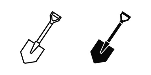 Contrast between a white and black outline shovel and garden hoe tool set. © Abulkalam