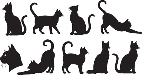 Black cat silhouettes collection, set of 9 feline vector elements, domestic cat poses in profile, minimalist animal shapes for graphic design © Caleb