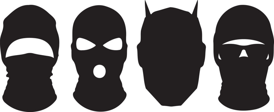 Black balaclava mask silhouettes, set of 4 ski mask vector icons, criminal and tactical headgear illustrations for security and winter sports