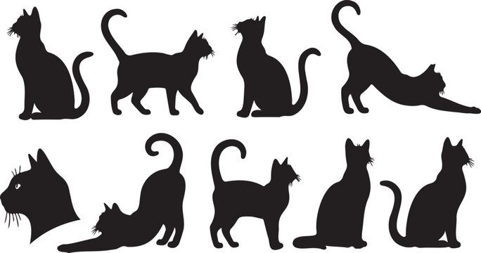 Black cat silhouettes collection, set of 9 feline vector elements, domestic cat poses in profile, minimalist animal shapes for graphic design
