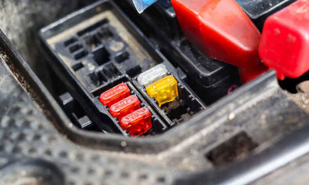 Close up of a motorcycle fuse box with red, yellow, and white blade fuses, showing the electrical system and circuit protection components inside the vehicle.
